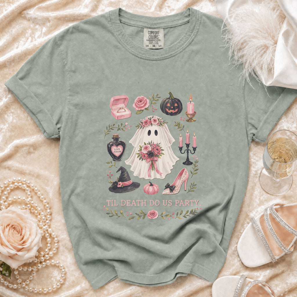 Ghost with floral wreath, pumpkin, ring, and "Til Death Do Us Party" text.