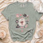 Ghost with floral wreath, pumpkin, ring, and "Til Death Do Us Party" text.