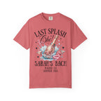 T-shirt with "Last Splash Che! Sarah's Bach Malibu CA Summer 2026" text and champagne graphic.