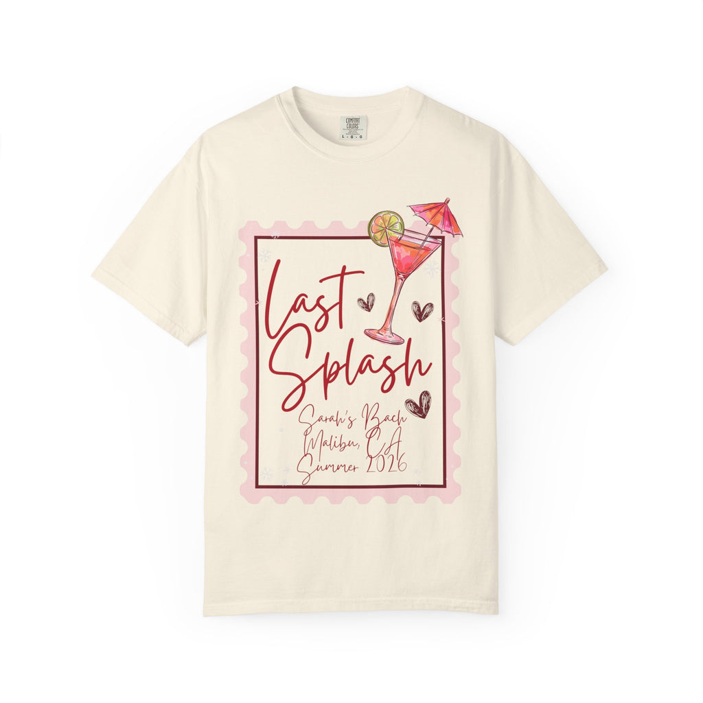 Cream t-shirt with "Last Splash Sarah's Bach Malibu, CA Summer 2026" and cocktail graphic.