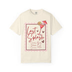 Cream t-shirt with "Last Splash Sarah's Bach Malibu, CA Summer 2026" and cocktail graphic.