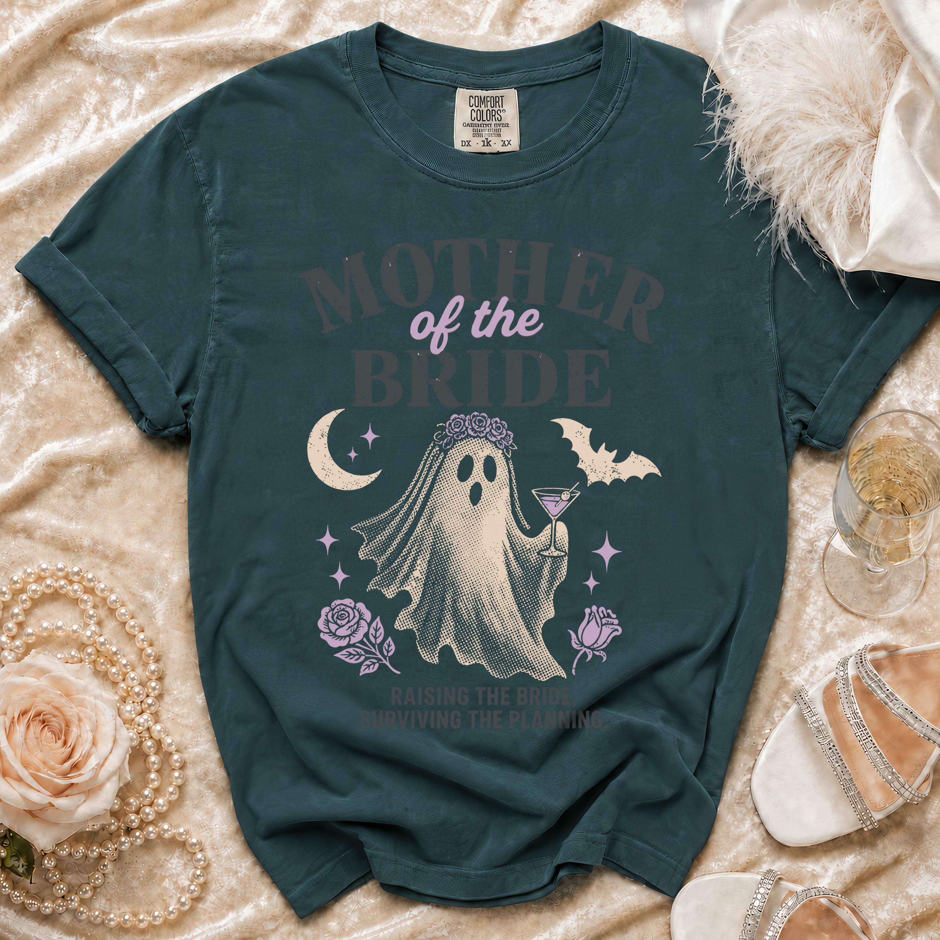 T-shirt with ghost holding a martini, "Mother of the Bride" text.