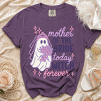Purple t-shirt with ghost bride graphic saying "mother of the bride today witch forever".