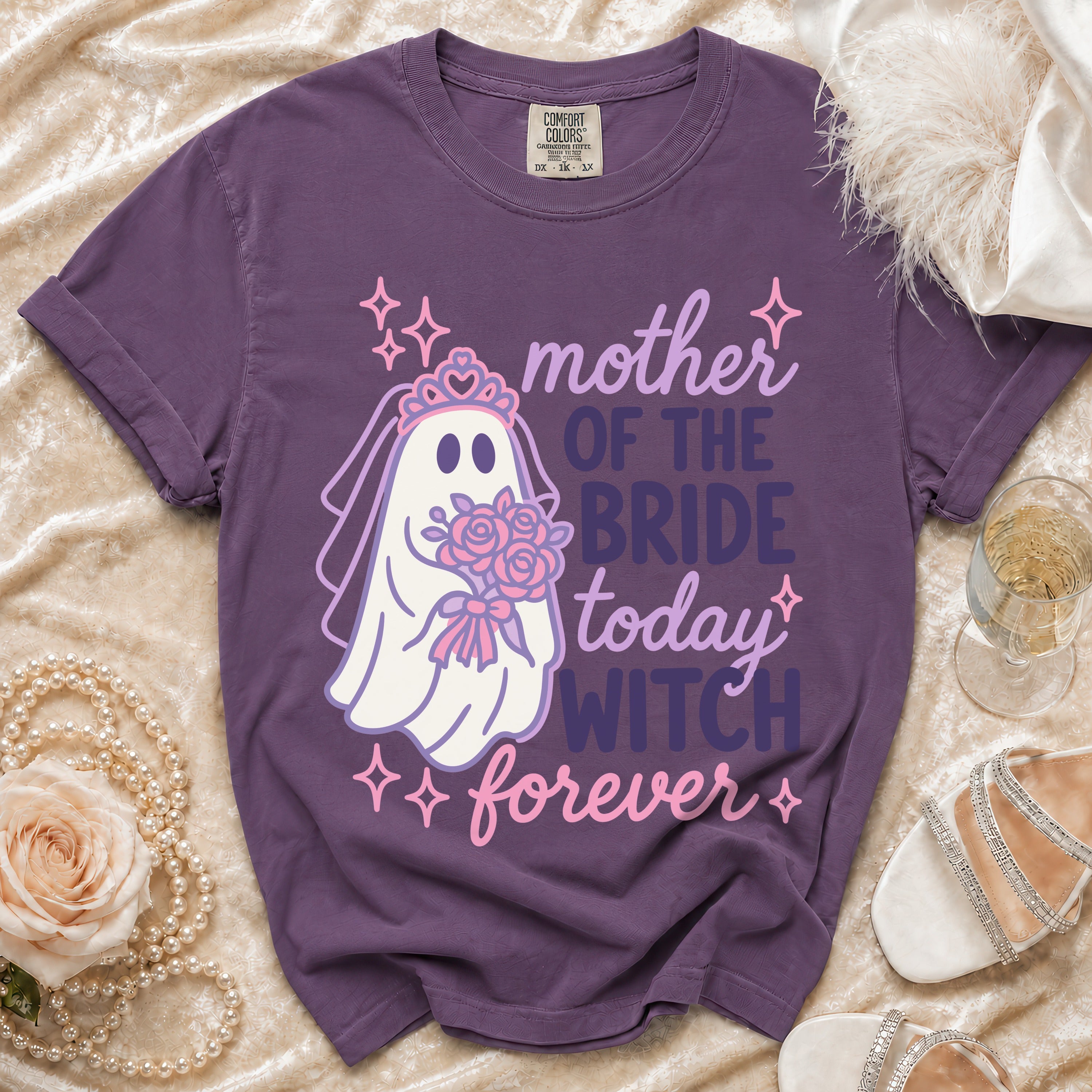 Purple t-shirt with ghost bride graphic saying "mother of the bride today witch forever".