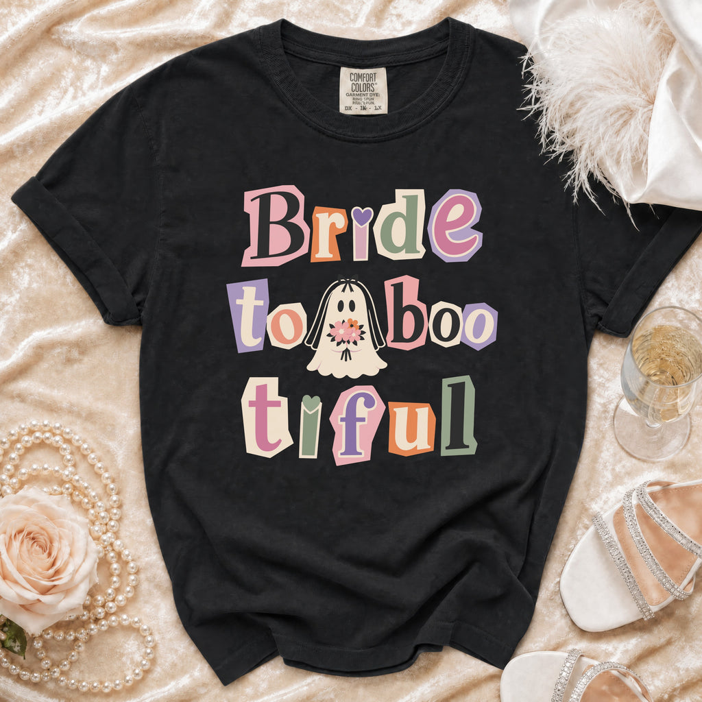 Black t-shirt with "Bride to Boo-tiful" text and ghost graphic.