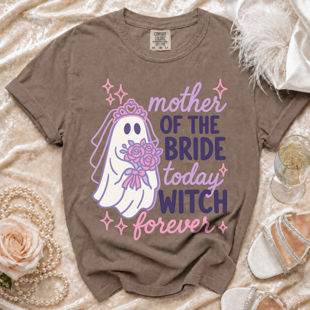 Brown t-shirt with ghost bride graphic and text "mother OF THE BRIDE today WITCH forever".