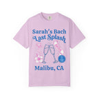 Pink t-shirt with "Sarah's Bach Last Splash BRIDE Malibu, CA" text.