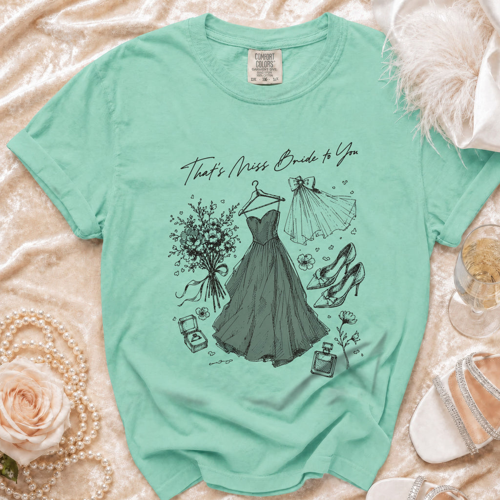 Mint green t-shirt with bridal illustrations and text "That's Miss Bride to You".