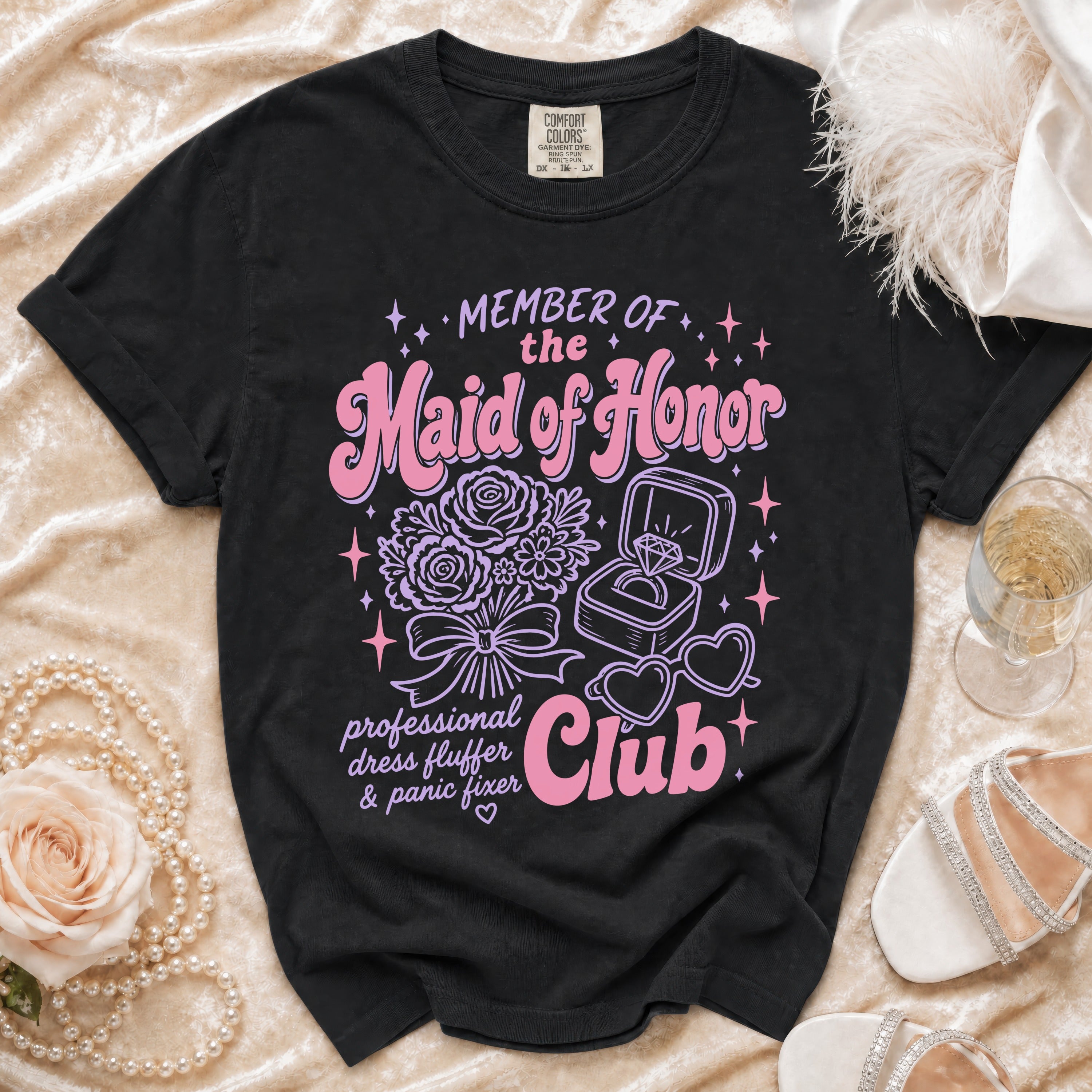 Black t-shirt with "Member of the Maid of Honor Club" graphic.
