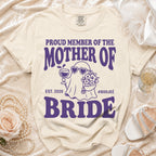 Cream t-shirt with purple text "Proud Member of the Mother of Bride Est. 2026 #Boojee".