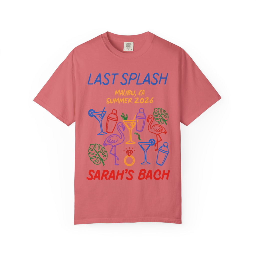 Sarah's Bach last splash Malibu Summer 2026 t-shirt with cocktails and flamingos.