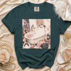 Dark teal t-shirt featuring a ghost bride in a bathtub with pumpkins and candles.