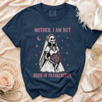 Navy t-shirt with skeleton bride graphic and "Mother, I am but Bride of Frankenstein" text.