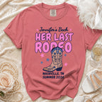 Pink t-shirt with "Jennifer's Bach" and "Her Last Rodeo" graphics.