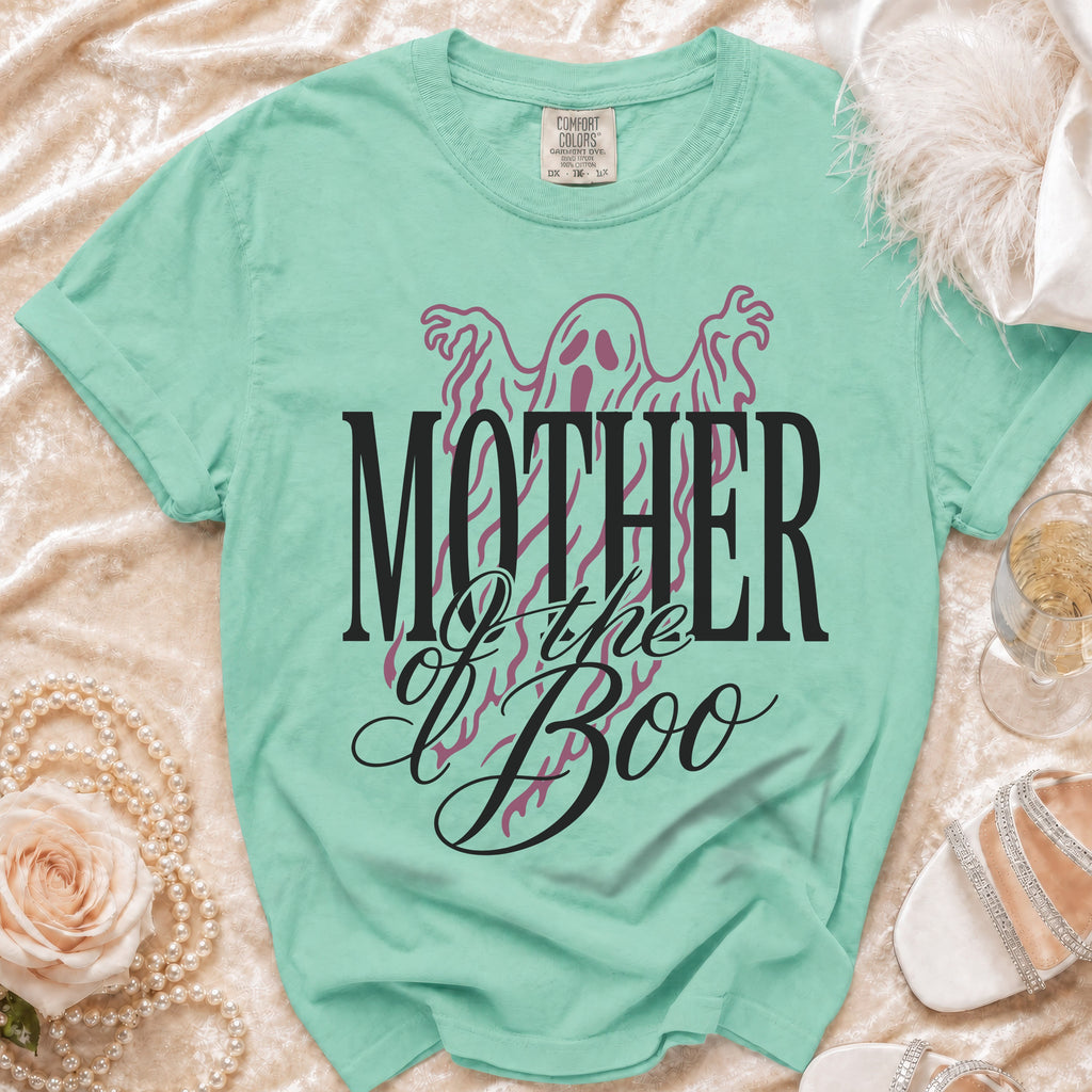 Mint green t-shirt with "Mother of the Boo" text and ghost graphic.