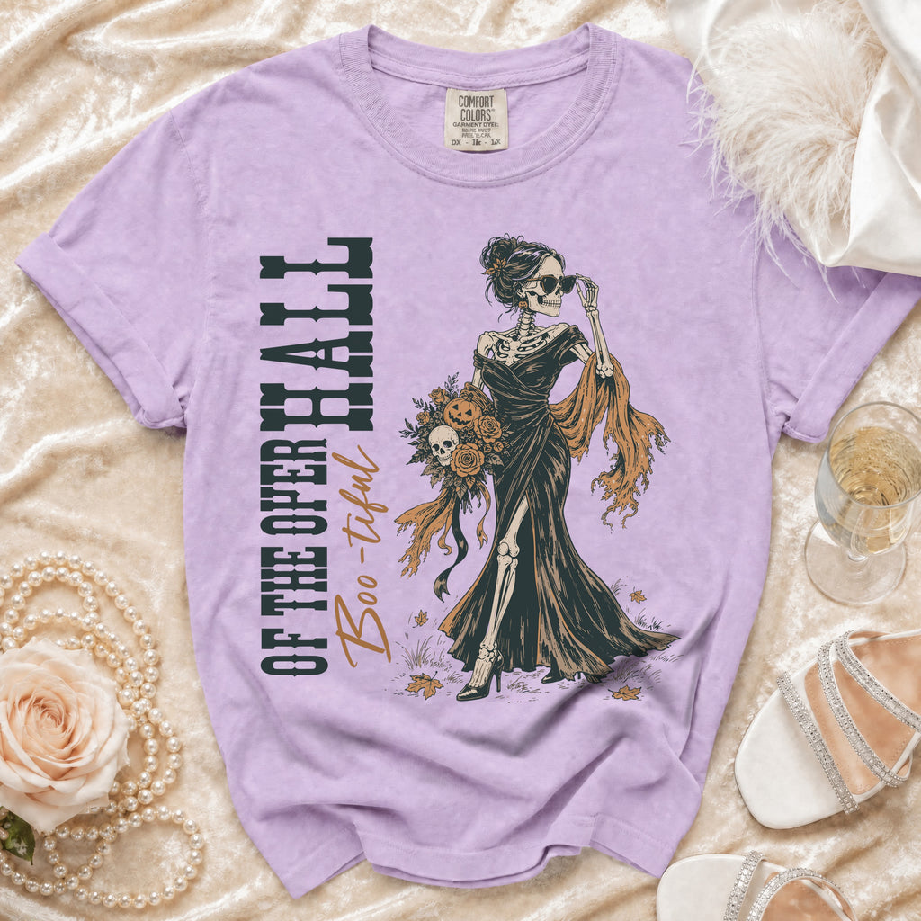Purple t-shirt with skeleton graphic and text "OF THE OPER HALL Boo-tiful".