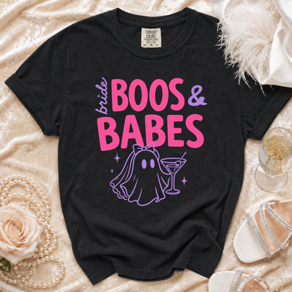 Black t-shirt with "bride BOOS & BABES" graphic and a ghost bride holding a cocktail.