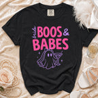 Black t-shirt with "bride BOOS & BABES" graphic and a ghost bride holding a cocktail.