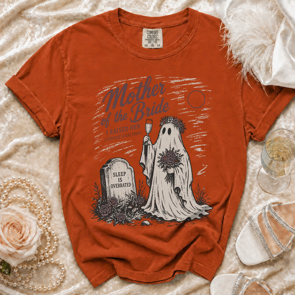 Orange t-shirt with ghost bride graphic and text "Mother of the Bride".