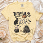 Yellow t-shirt with "Til Death Do Us Part" and Halloween-themed graphics.