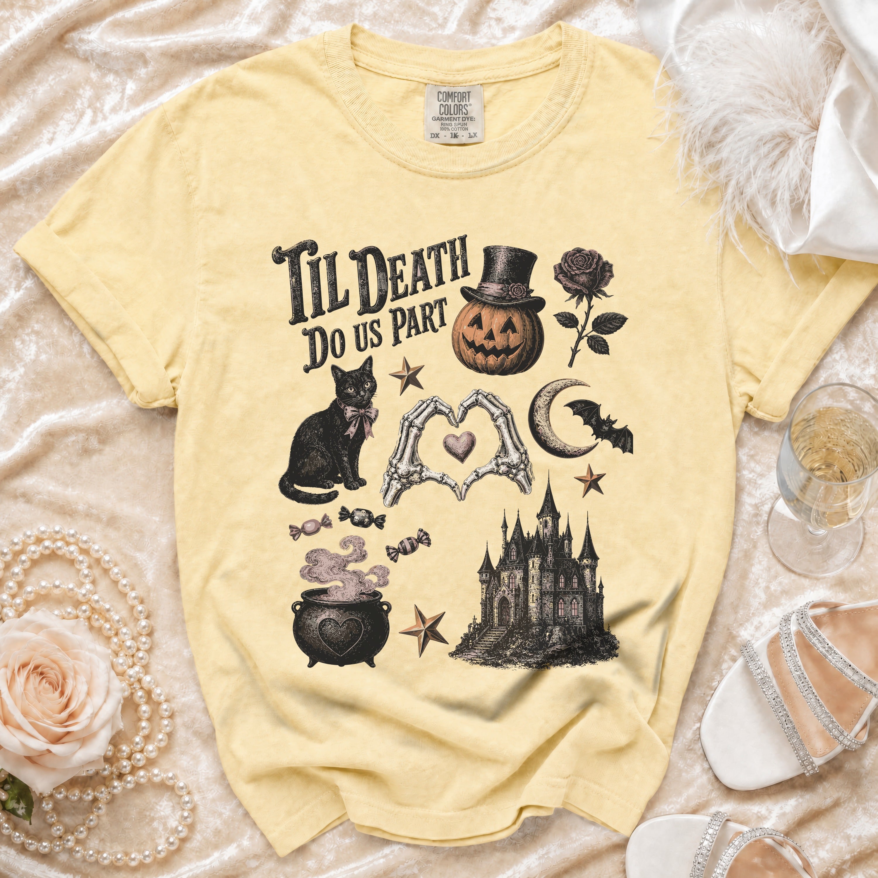 Yellow t-shirt with "Til Death Do Us Part" and Halloween-themed graphics.