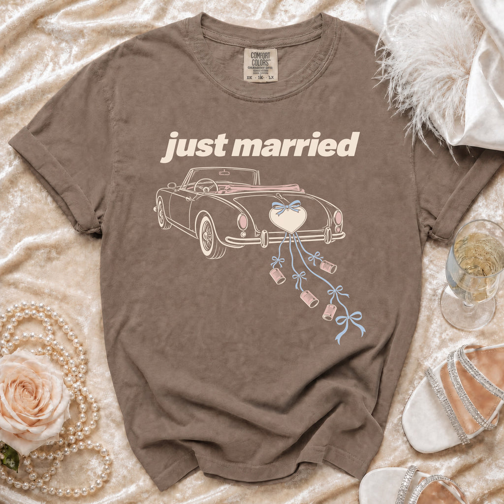 Brown t-shirt with "just married" text and a vintage car illustration.
