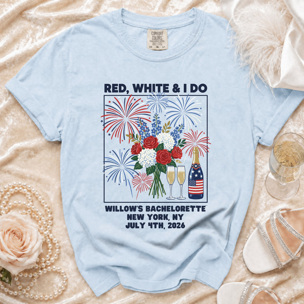 Light blue t-shirt with "Red, White & I Do" bachelorette design.