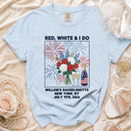 Light blue t-shirt with "Red, White & I Do" bachelorette design.