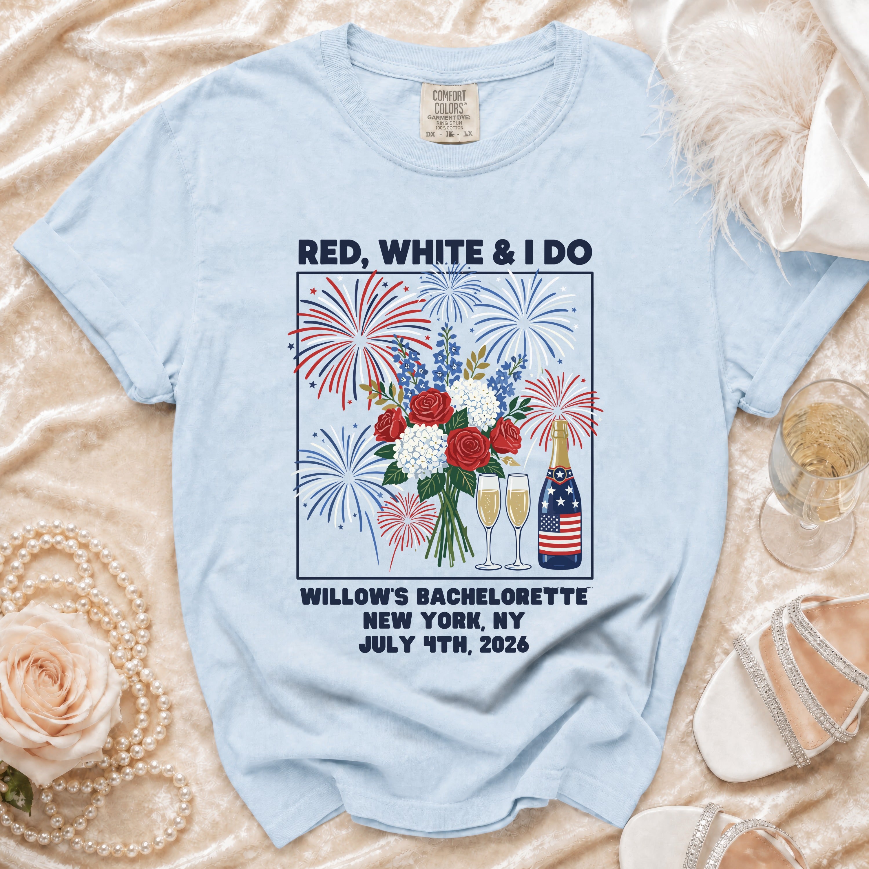 Light blue t-shirt with "Red, White & I Do" bachelorette design.