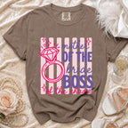 Brown t-shirt with "Mother Of The Bride BOSS of the chaos" graphic and diamond ring.
