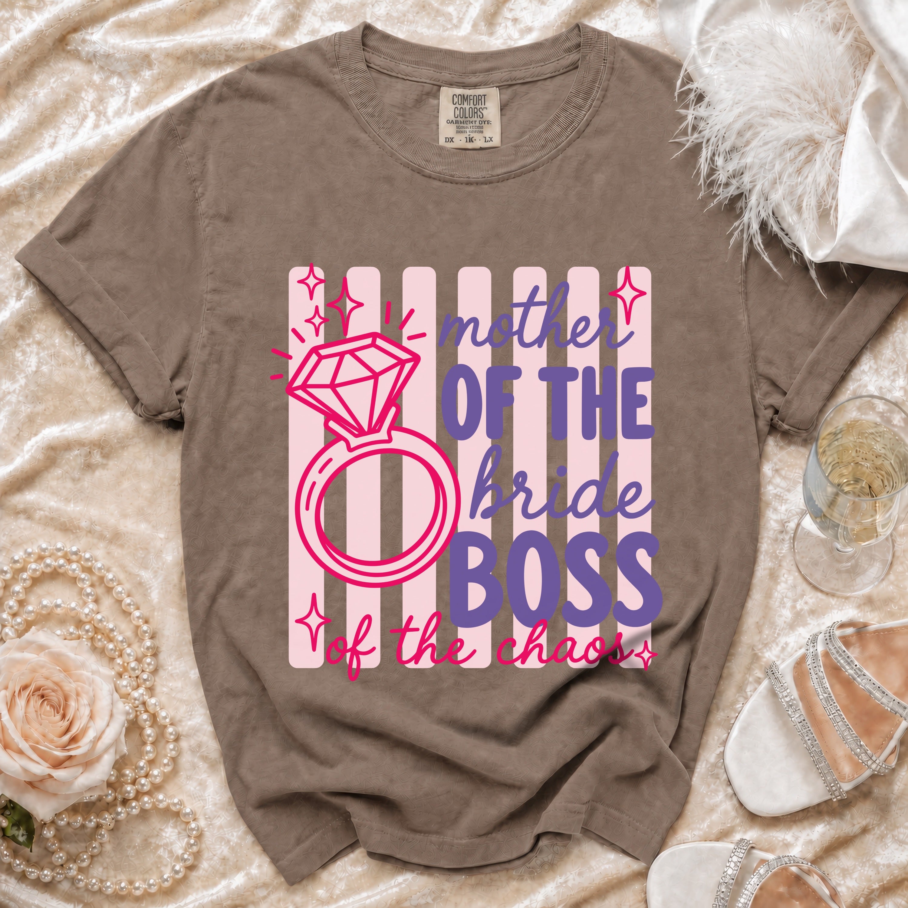 Brown t-shirt with "Mother Of The Bride BOSS of the chaos" graphic and diamond ring.