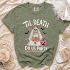 Green t-shirt with skeleton bride graphic and text "Til Death Do Us Party".