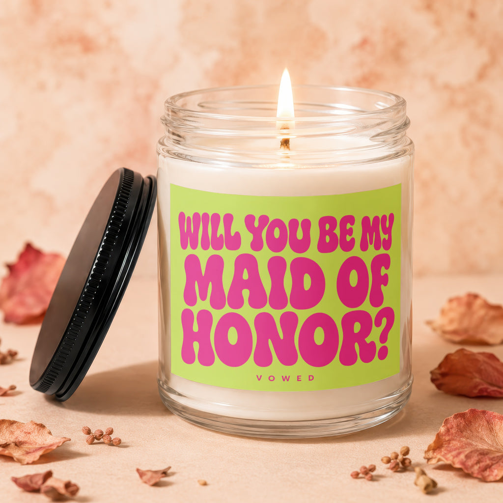 Candle with lit wick asking, "Will you be my Maid of Honor?".