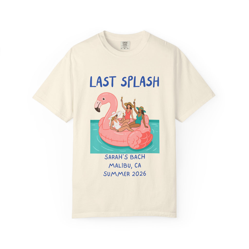T-shirt graphic with women on flamingo float, "Last Splash" text.