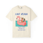 T-shirt graphic with women on flamingo float, "Last Splash" text.