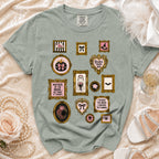 T-shirt with framed Halloween-themed graphics for a bride and her mother.