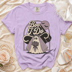Lavender t-shirt featuring a ghost bride with "Boo, I Do" text and two bats.