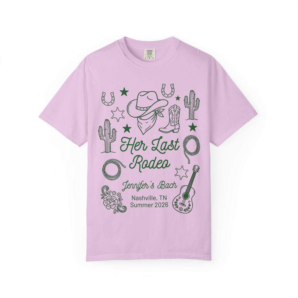 Pink t-shirt with "Her Last Rodeo" and "Jennifer's Bach" text.