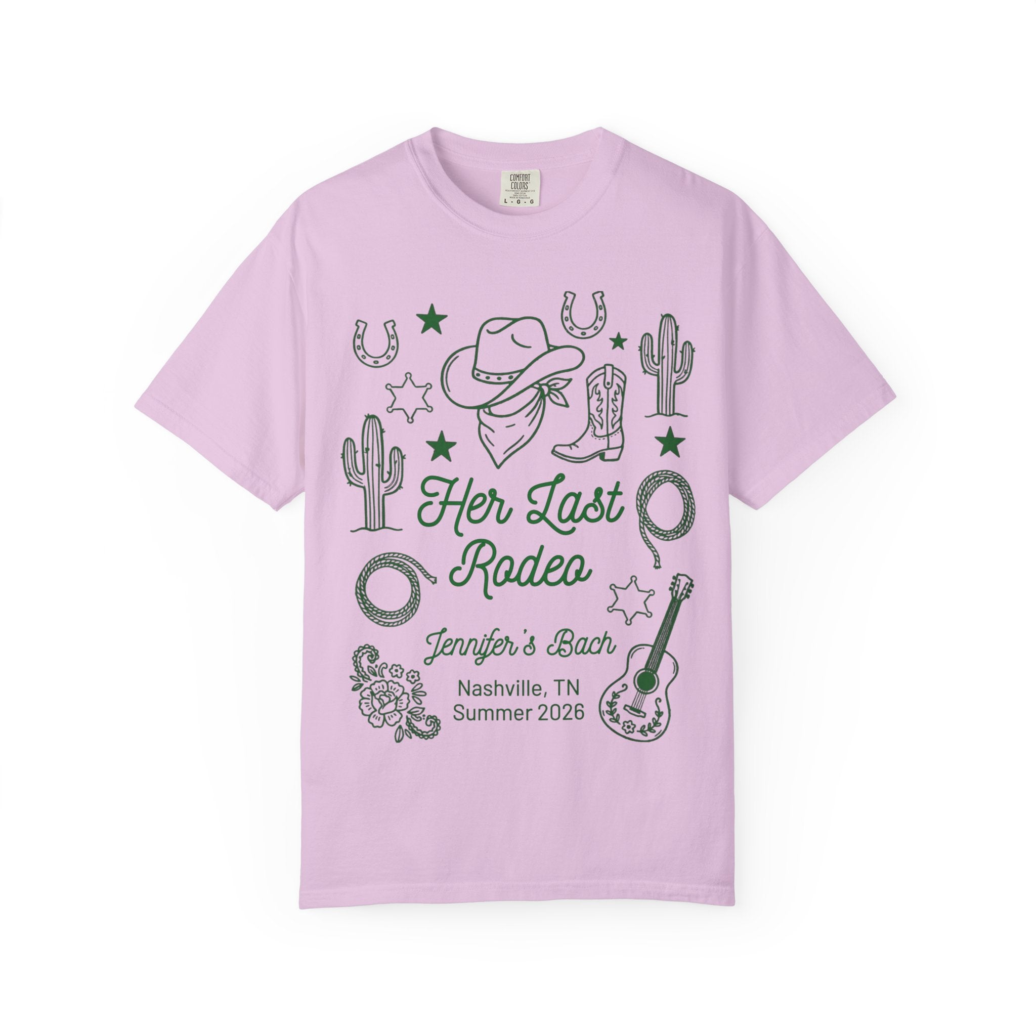 Pink t-shirt with "Her Last Rodeo" and "Jennifer's Bach" text.