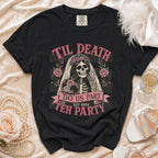 Black t-shirt with skull bride graphic: "Til Death Do Us Part Est 2024 Teh Party".