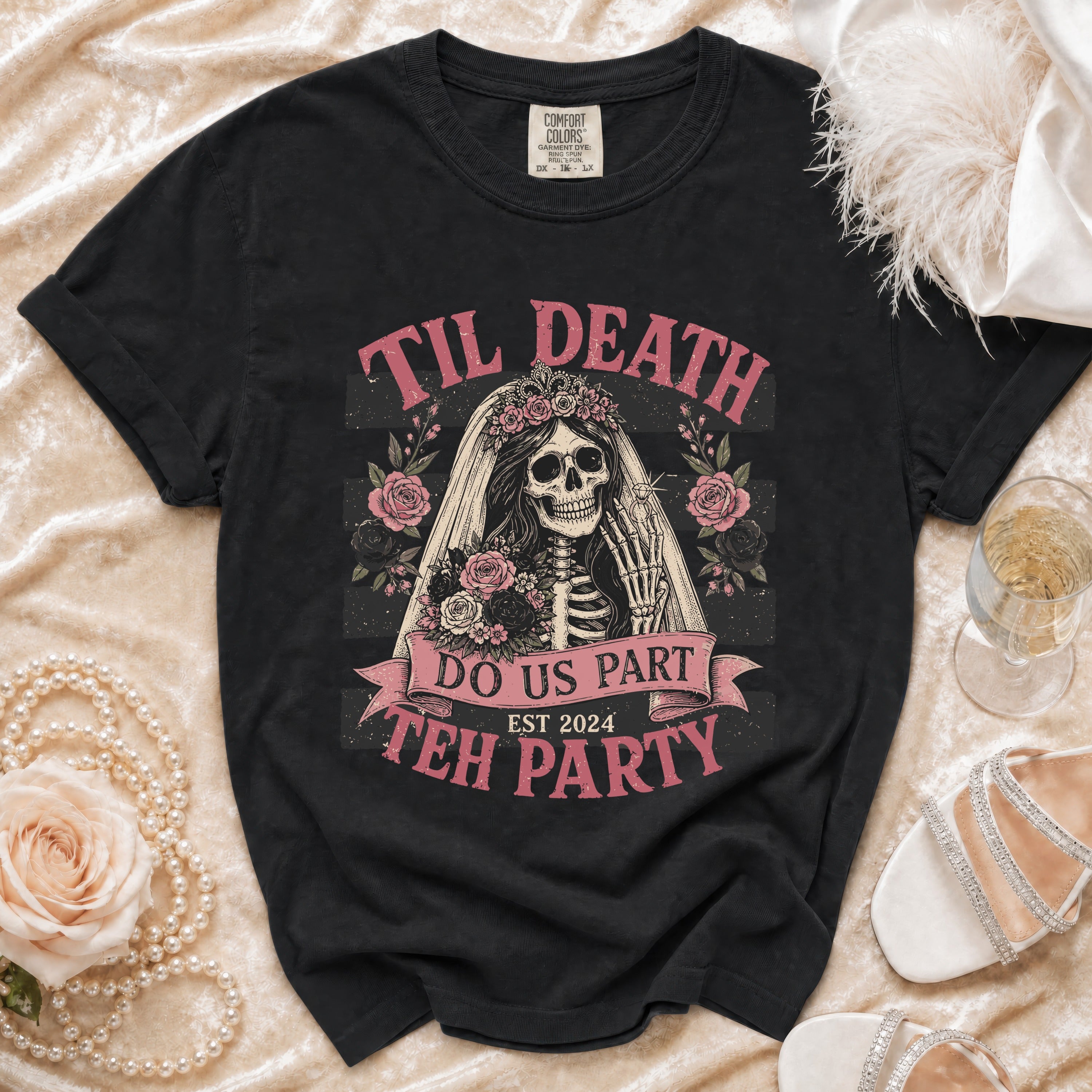 Black t-shirt with skull bride graphic: "Til Death Do Us Part Est 2024 Teh Party".