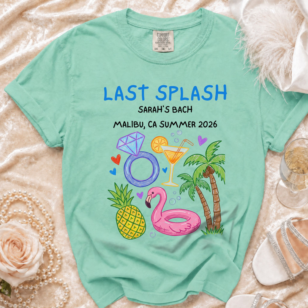 Mint t-shirt with "Last Splash Sarah's Bach Malibu CA Summer 2026" and tropical graphics.
