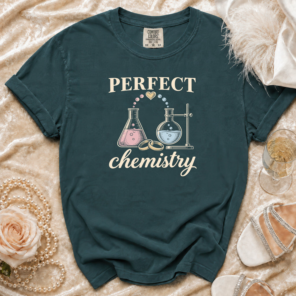 Dark teal t-shirt with "PERFECT chemistry" text and chemistry beaker graphics.