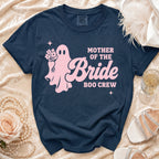 Navy t-shirt with pink ghost graphic and text "Mother of the Bride Boo Crew".