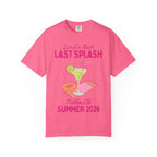 Pink t-shirt with "Sarah's Bach LAST SPLASH Malibu, Ca SUMMER 2026" and graphics.