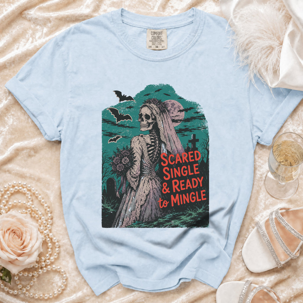 Skeleton bride graphic tee with text "SCARED SINGLE & READY to MINGLE".