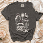 Charcoal Comfort Colors t-shirt with "Something Wicked Said I Do" gothic wedding graphic.