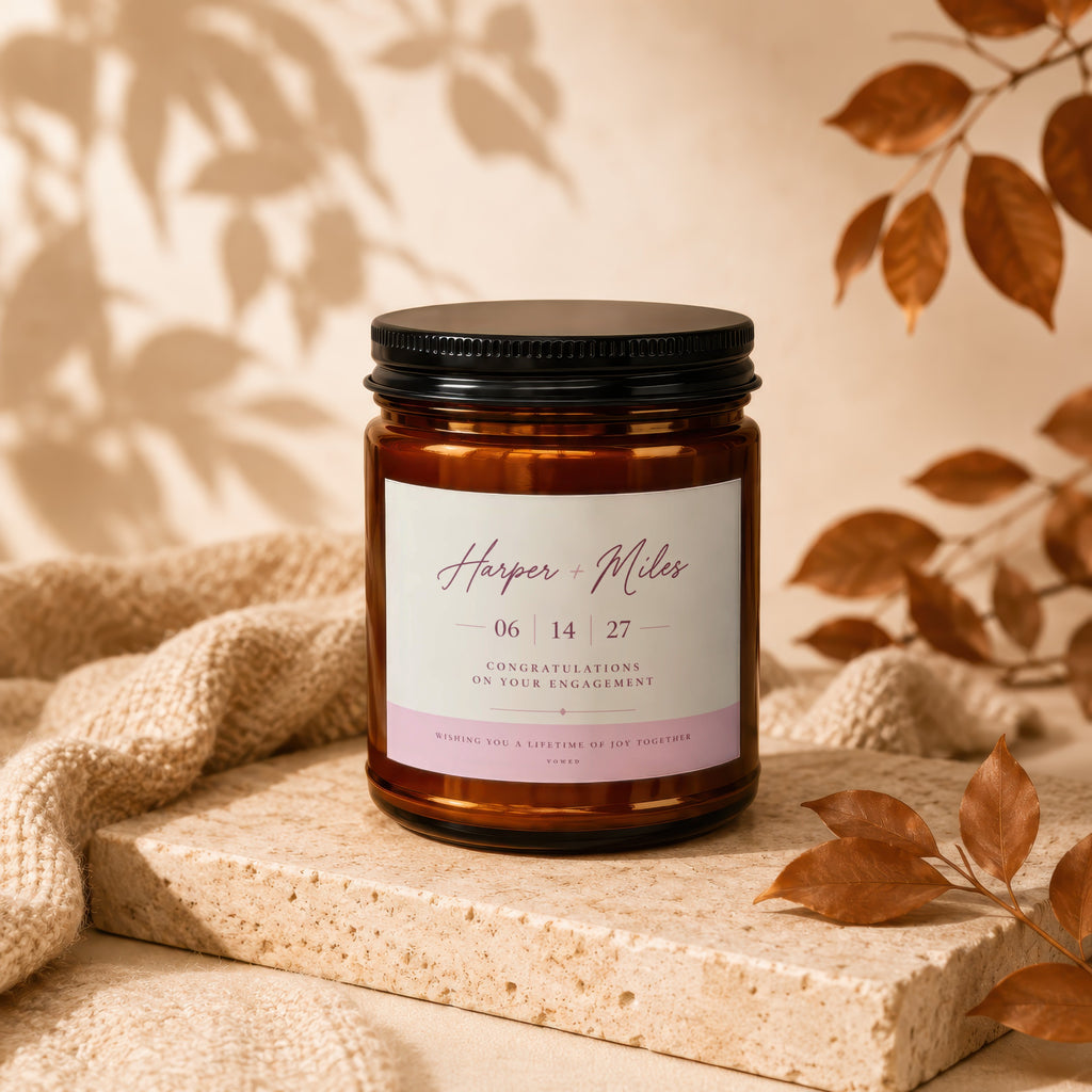 Amber candle with black lid, labeled "Harper + Miles" for engagement.
