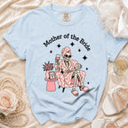 Light blue t-shirt with a skeleton graphic reading "Mother of the Bride."