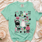 Mint green t-shirt with "Mother of the Bride" and humorous wedding illustrations.